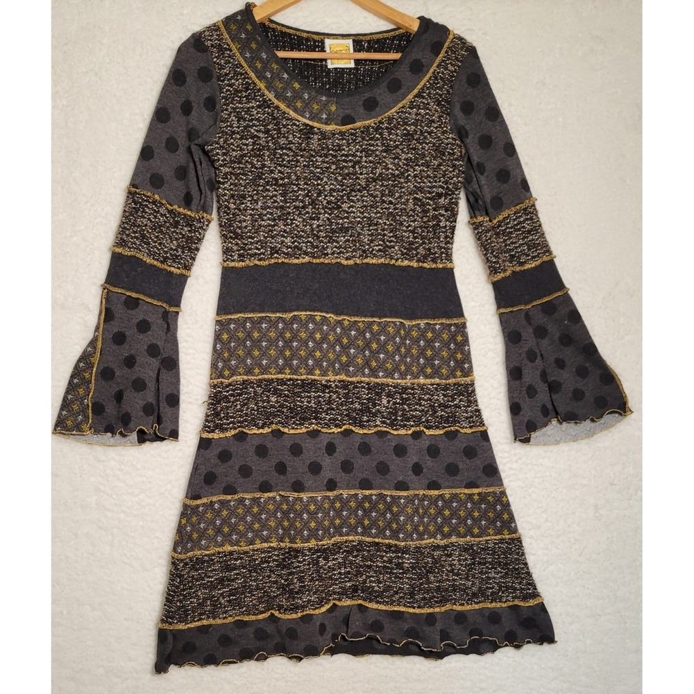 Womens Hand Jive Art to Wear Dress Ladies Patchwork Bell Sleeve USA Size XS 0347